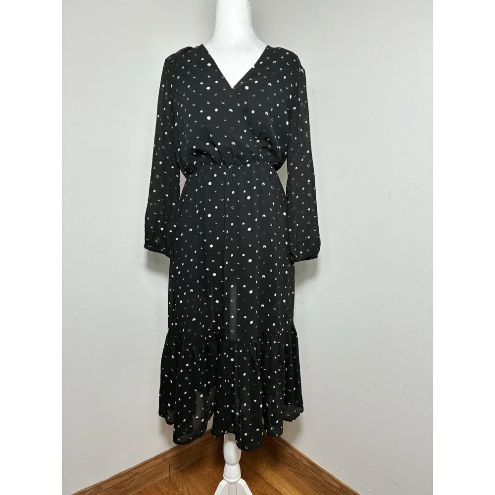 Point Sur Faux Wrap Midi Dress Crinkle‎ Chiffon Sz 2 Whimsy Goth Dark Fairy
